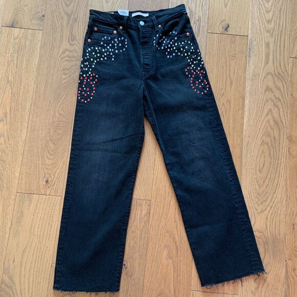 Levis Ribcage Straight Leg Embelliished Bejewelled High Rise Black Jeans Size 28 - Picture 3 of 15